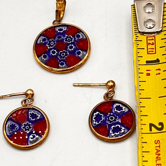 Murano Glass Millefiori Set Pendant & Earrings Pierced 24kt Gold Italy Red Blue - Picture 6 of 12